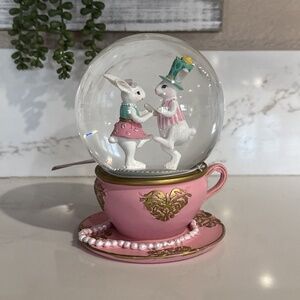 Pink Tea Cup & Saucer Easter Rabbit Snow Globe